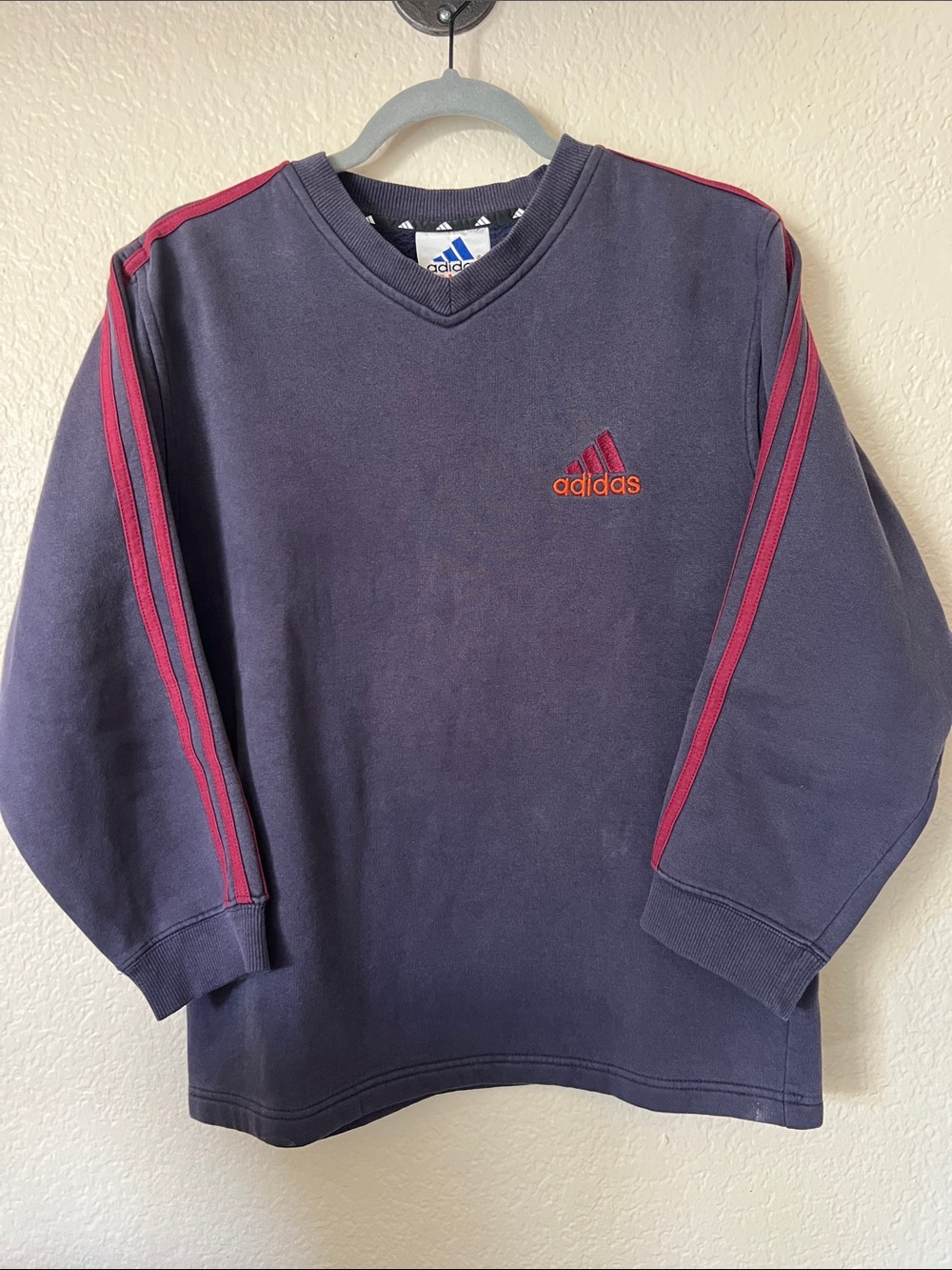 Vintage Adidas  Navy V-Neck Sweatshirt with Red Stripe